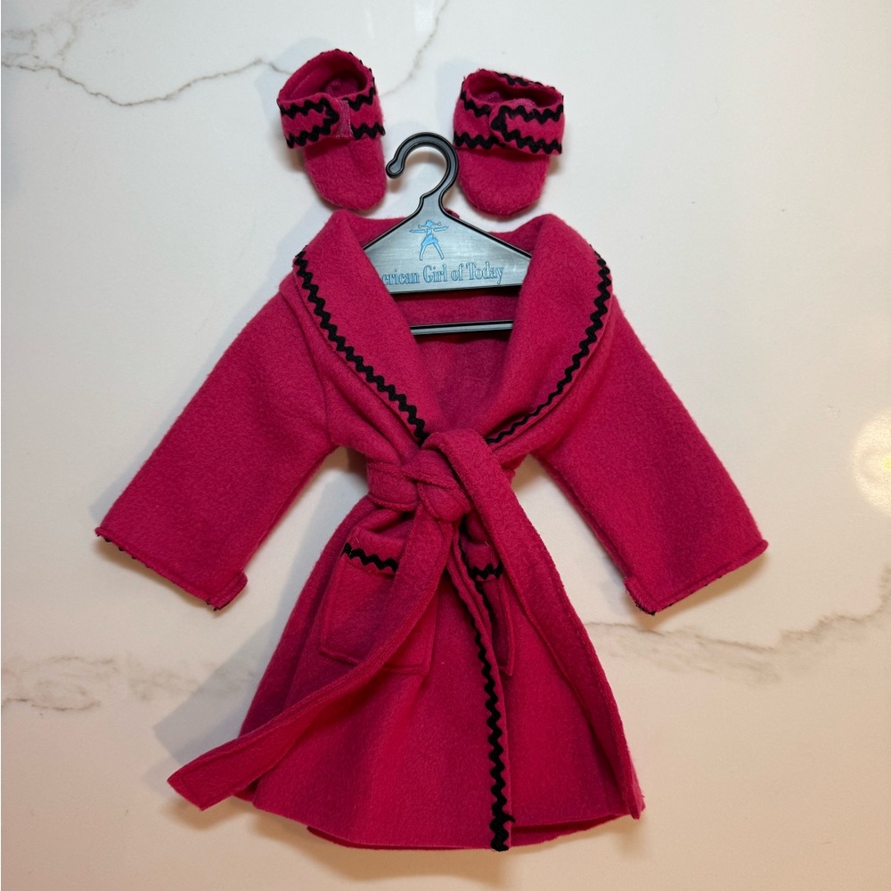 American Girl Doll 1996 Pink Doll Robe with Black Trim and Slipper Set